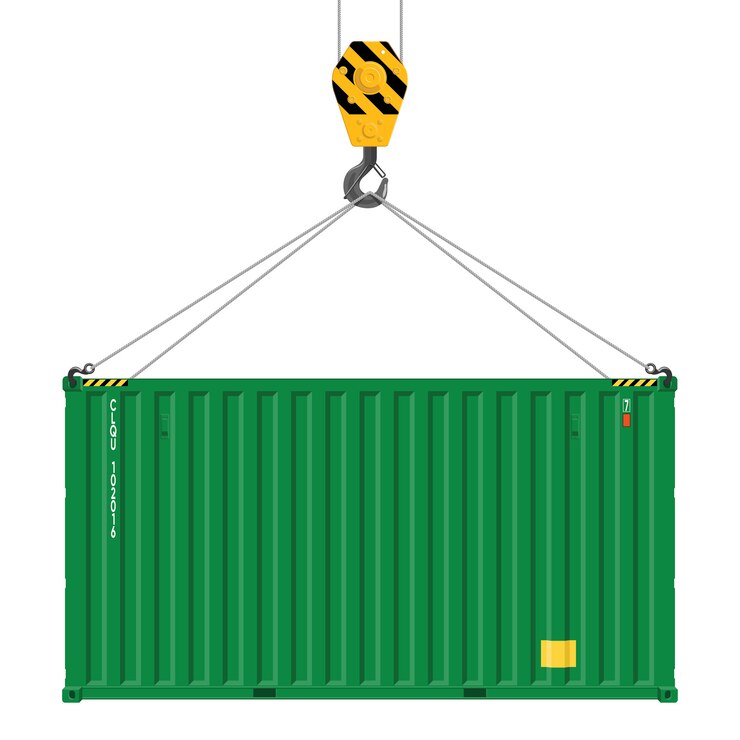 Crane lifts with cargo container. Industrial crane hook and Transportation Container isolated on white background. Freight Shipping concept.