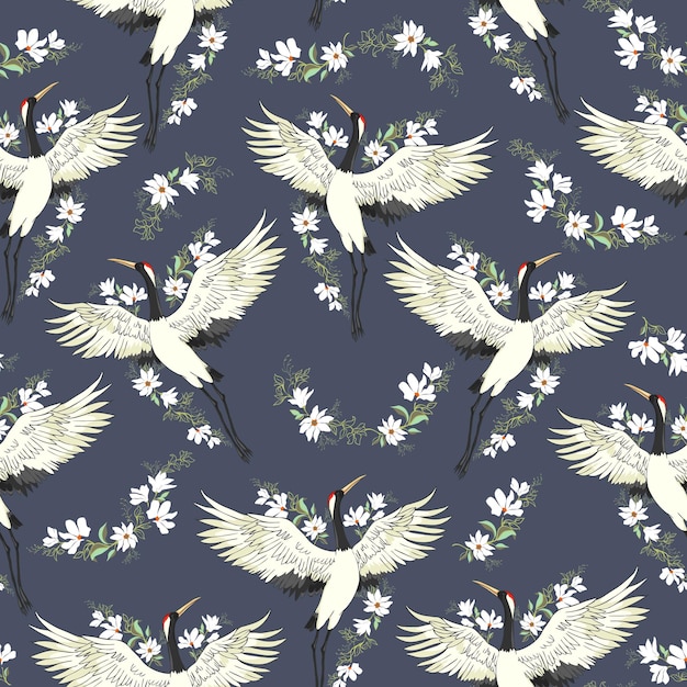 Crane pattern vector illustration flying bird flower