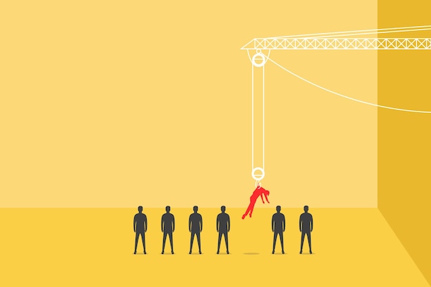 crane pick up a man Business hiring and recruitment vector concept with hand chose one person