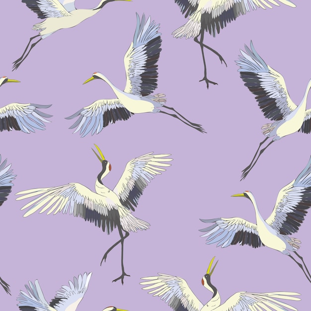 Vector cranes and flowers pattern