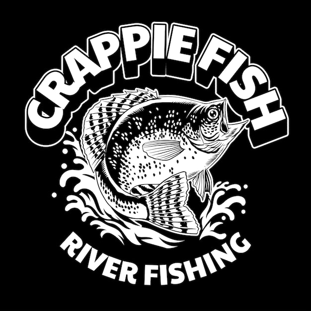 Vector crappie fish shirt design in vintage style black and white