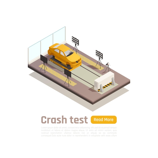 Crash test car safety isometric composition with image of car on testing fixture with editable text