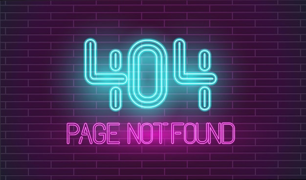 Vector crashed website retro neon page not found neon letters on brick wall 404 error page in retro style