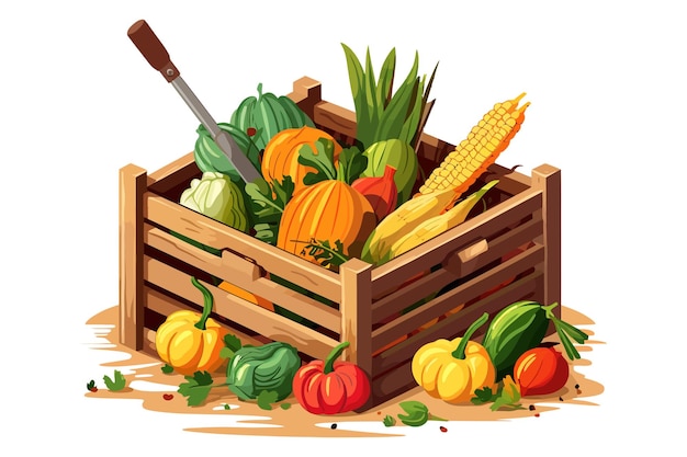 Crate with Ripe Vegetables and Rake as Seasonal Harvesting and Yield Flat graphic vector illustrations isolated on white background