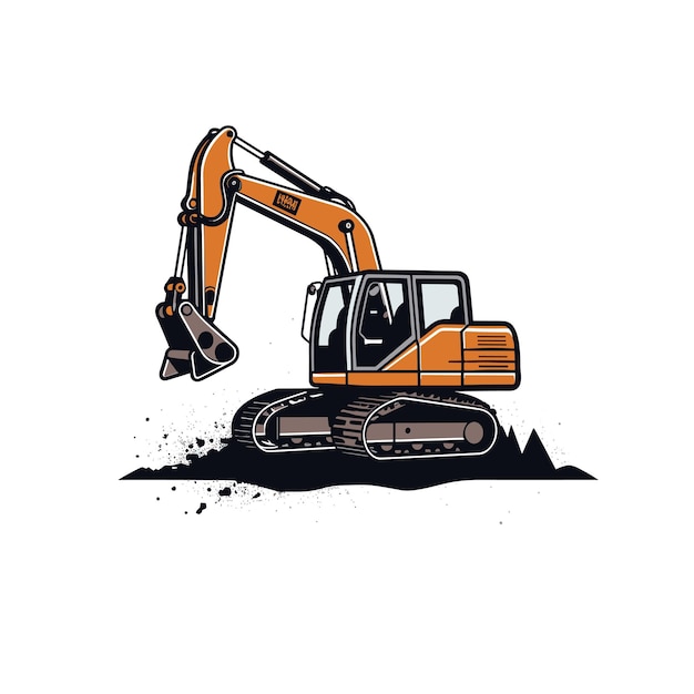 Crawler wheeled excavator on white background brick housing structure symbol