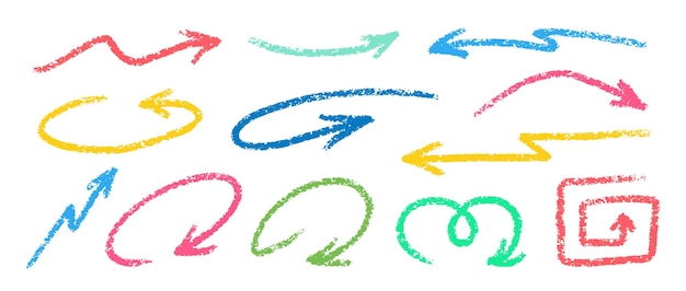 crayon arrows squiggle vector set chalk scribble pointer shapes collection colorful hand drawn brush