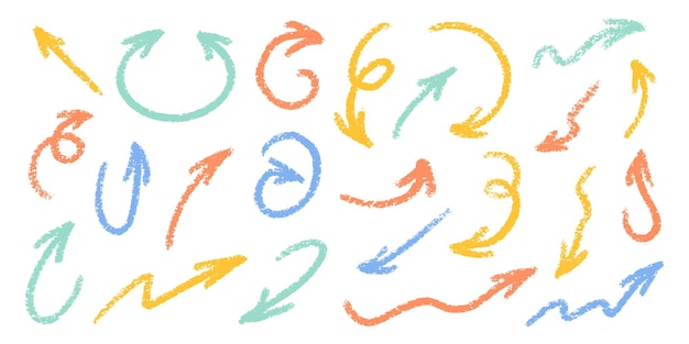 crayon arrows squiggle vector set chalk scribble pointer shapes collection colorful hand drawn brush