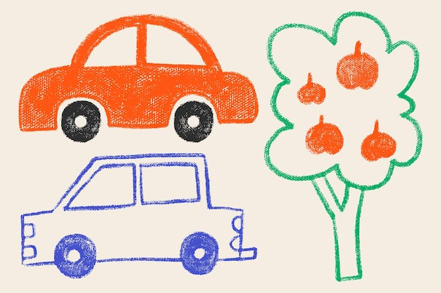 Vector crayon kids drawing car, tree set