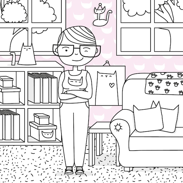 Crazy cat lady apartment vector illustration