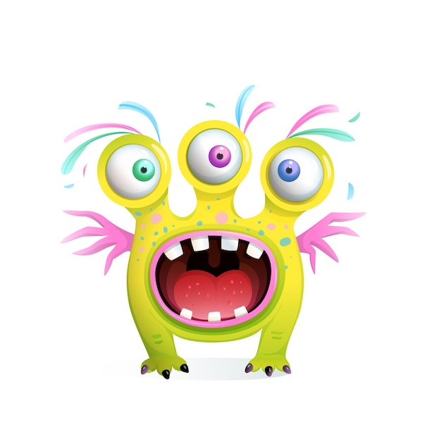 Vector crazy funny monster creature for kids with three eyes and wings, screaming mouth wide open with teeth. 3d style cartoon for children.