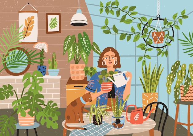 温室や家庭菜園で狂った植物の女性。ポットやプランターで育つ観葉植物の世話をする、じょうろを持つかわいいおかしな若い女性。フラットな漫画のスタイルでモダンなベクトル イラスト。