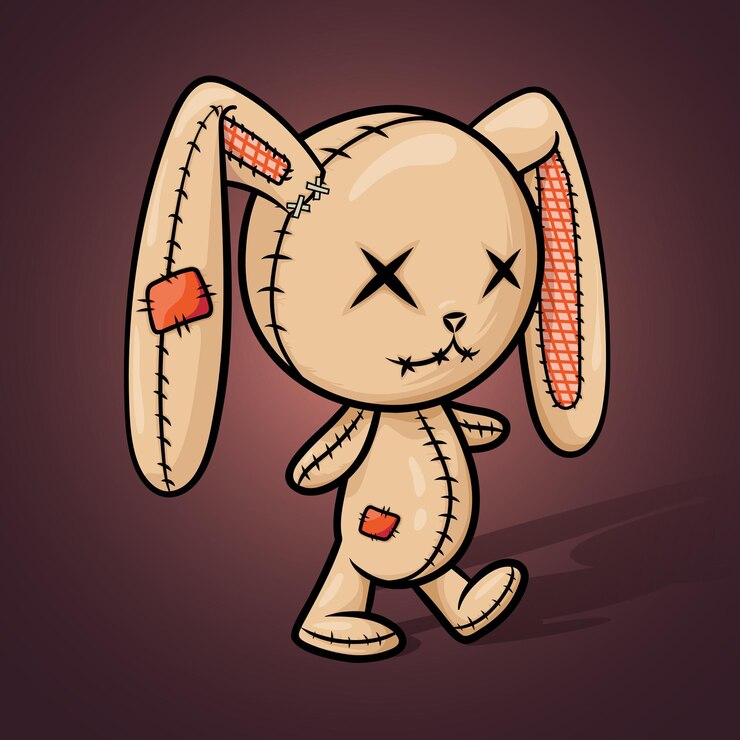 Vector 미친 부두 토끼 백라이트와 소름 끼치는 그림자와 함께 어두운 배경에 색깔의 귀여운 사악한 토끼