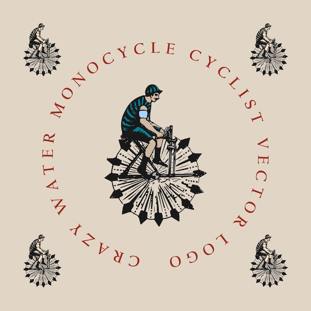 Vector crazy water monocycle rider cyclist retro logo old vintage illustration template design bicycle