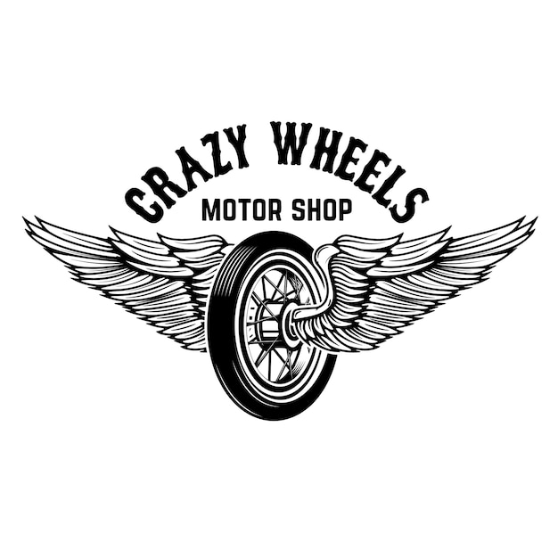 Vector crazy wheels. motorcycle wheel with wings  on white background.  elements for logo, label, emblem,sign.  illustration