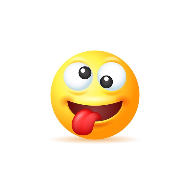 Crazy yellow emoji with tongue hanging out isolated on white background