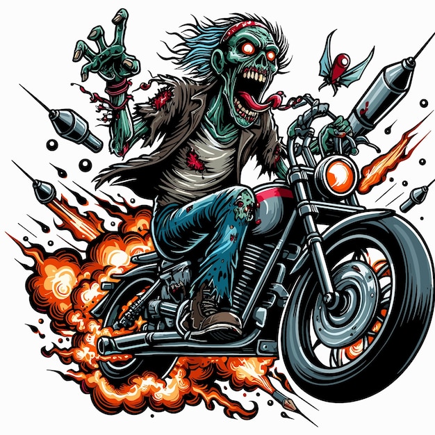 Vector crazy zombie illustration riding a motorbike