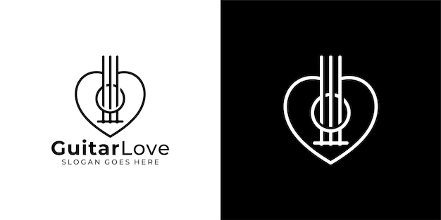 Vector creaitve guitar love logo heart and guitar sound hole with linear outline style musical logo icon