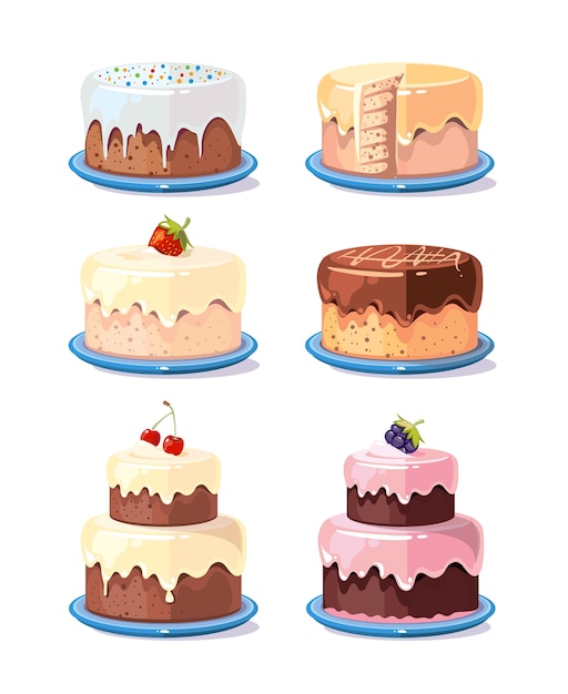 Vector cream cake tasty cakes vector set in cartoon style