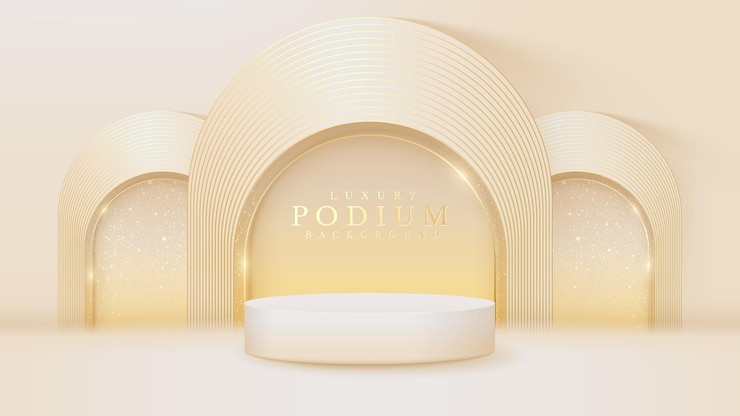 Vector cream color podium with golden curve line elements, luxury banner background design.