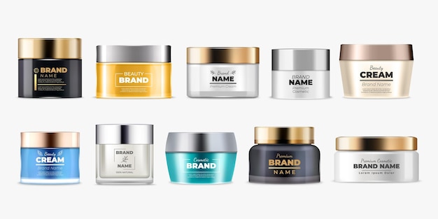 cream jar cosmetic container packaging bottle with label realistic body spray silver or gold luxury package plastic cap beauty products side view vector branding mockup template