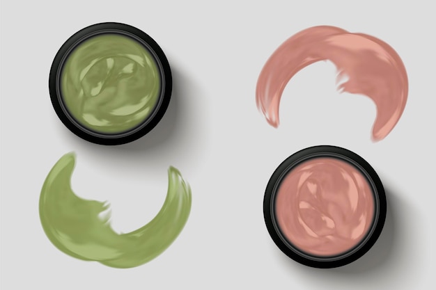クリームジャーセット、ピンクと緑のクリーミーな質感のハーブクリームジャーの上面図、3dイラスト