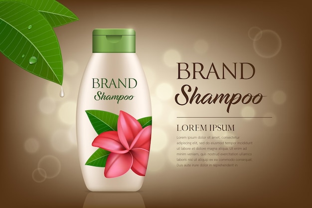 Cream shampoo product bottle with green cap plumeria flower template design on bokeh backgroud