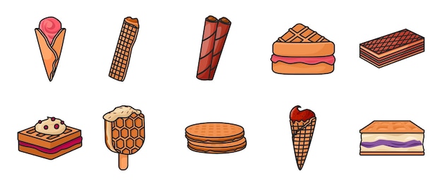 Cream waffle vector color set iconvector illustration icon waffle cakeisolated color set of cream dessert and chocolate food