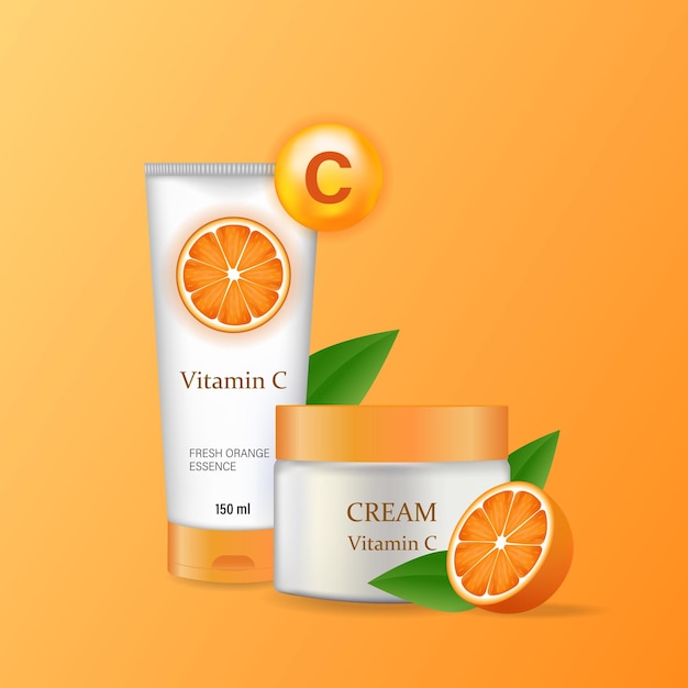 Vettore crema con vitamina c in un tubo lucido accanto ad arance tagliate e foglie