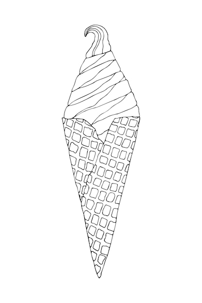 Creamy ice cream in a waffle cone refreshing summer dessert doodle line cartoon