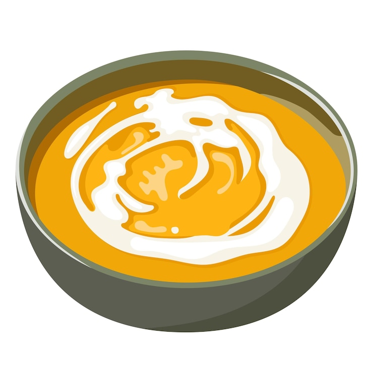 Vector creamy pumpkin soup with cream souce in bowl illustration isolated on white background