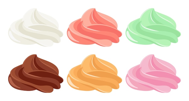 Vector creamy swirl set whipped cream mousse strawberry chocolate vanilla and caramel cream dessert