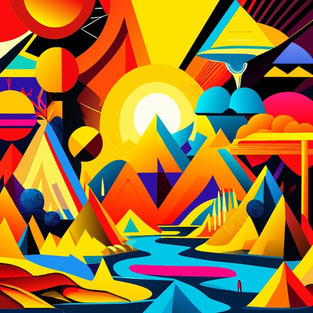 三角形、ピラミッド、雲を含む色の黄色、黒、青、赤の抽象的なイラストを作成します