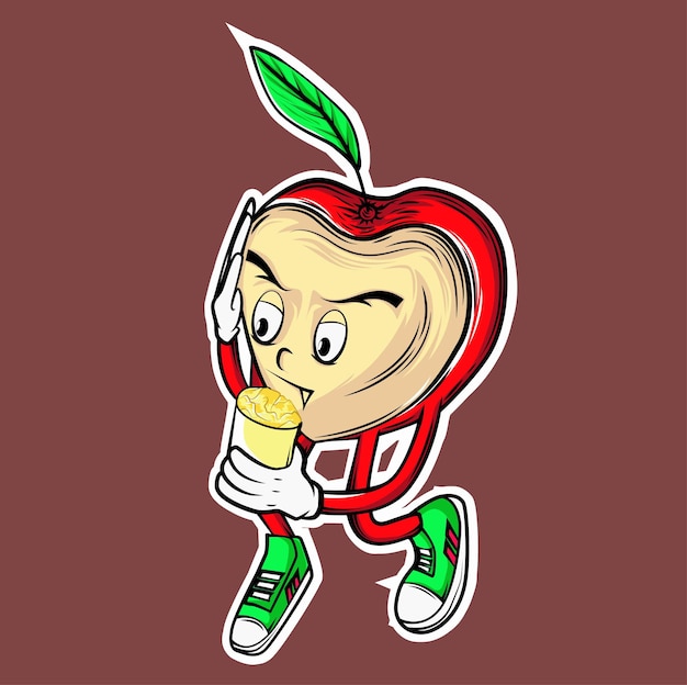 create a cute cartoon mascot of an apple trying to drink a new flavor of juice