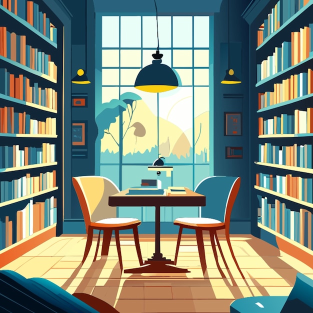 Vector create an image of a wooden table surrounded by shelves filled with books in a tranquil library