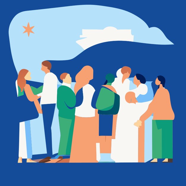 Vector create a minimalist illustration of refugees helping eachother vector illustration