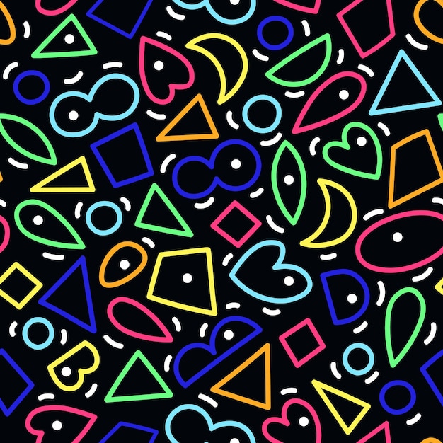 Vector creatief abstract kleurrijk doodle naadloos lijnpatroon op zwarte achtergrond 90s naadloos patroon