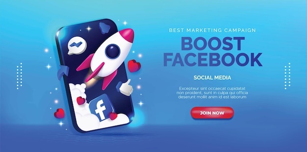 Vector creatief concept om facebook-marketing te stimuleren met raket en smartphone. premium-vector.