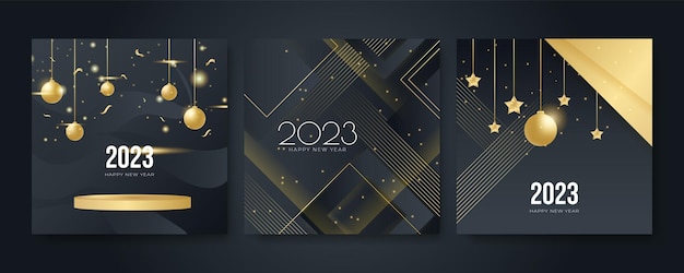Creatief concept van 2023 Happy New Year posters set Ontwerpsjablonen met typografie logo 2023 voor feest- en seizoensdecoratie Minimalistische trendy achtergronden voor branding banner omslagkaart