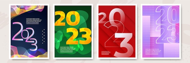 Creatief concept van 2023 Happy New Year posters set Ontwerpsjablonen met typografie logo 2023 voor feest- en seizoensdecoratie Minimalistische trendy achtergronden voor branding banner omslagkaart