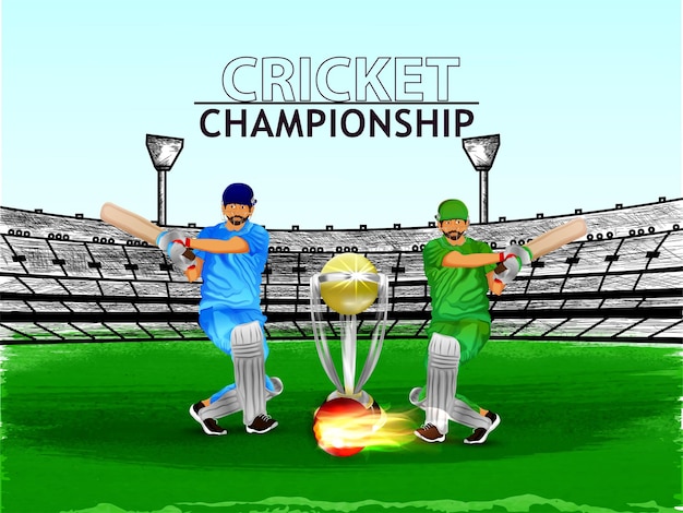 Vector creatief cricketkampioenschap met cricketer en trofee