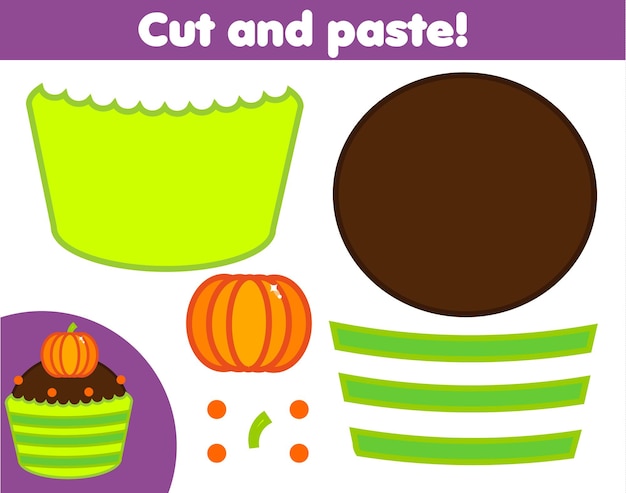 Vector creatief educatief spel voor kinderen papier gesneden activiteit maak een halloween zoete cupcake met lijm en schaar