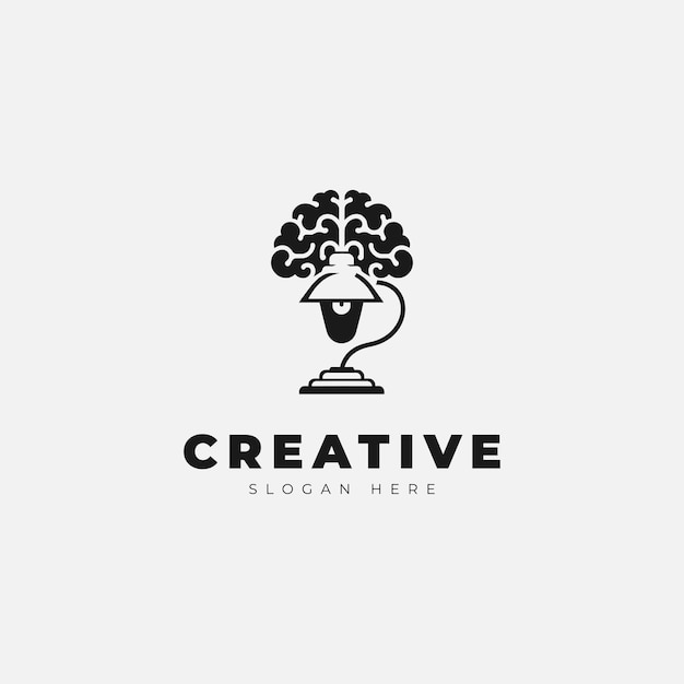 Creatief embleemlogo-ontwerp met een combinatie van een monochrome stijl van hersenen en een lamp