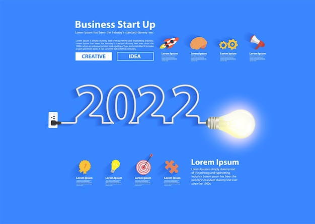 Creatief gloeilamp idee met 2022 Nieuwjaar ontwerp, inspiratie businessplan, marketingstrategie, teamwork, brainstorm ideeën concept, vector illustratie moderne ontwerpsjabloon lay-out