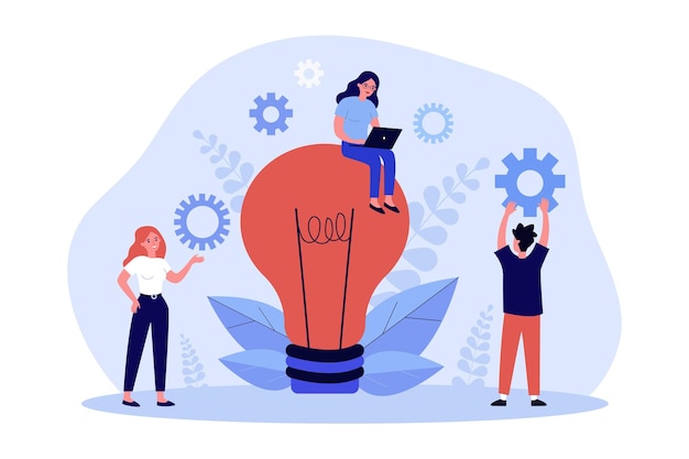 Creatief idee, werkproces van zakenmensen team. Kleine man en vrouw tekens staan, werken met laptop in de buurt van gloeilamp platte vectorillustratie. Teamwork op nieuw idee creatie concept