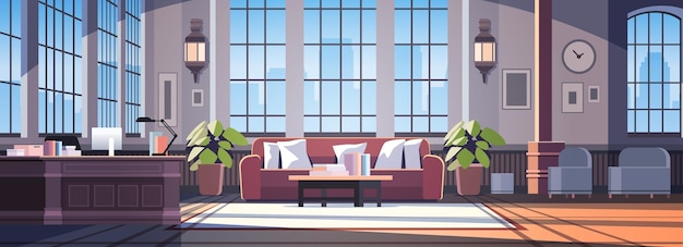 Creatief leeg geen mensen appartement modern loft interieur van open ruimte kantoor aan huis met meubels voor zakelijk of freelance werk horizontale vectorillustratie