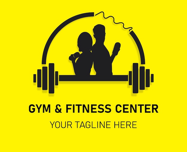 Creatief logo Sportschool en fitness sjabloonontwerp met gele achtergrond