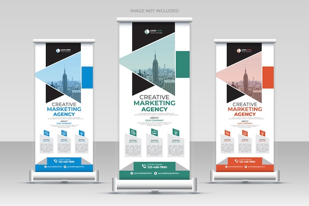 Creatief marketingbureau X Roll-up banner en verticale zakelijke sjabloonontwerp voor spandoek.