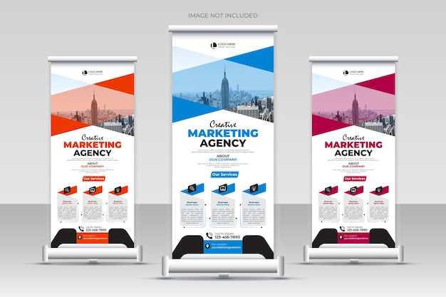 Creatief marketingbureau X Roll-up banner en verticale zakelijke sjabloonontwerp voor spandoek.