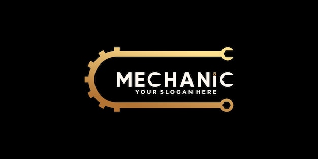 Creatief mechanisch logo-ontwerp met versnelling en moersleutel in gouden kleurverloopstijl premium vector