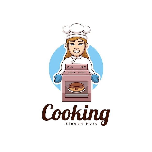 Creatief Meisje Koken Chef Bakkerij Cartoon Logo Ontwerp